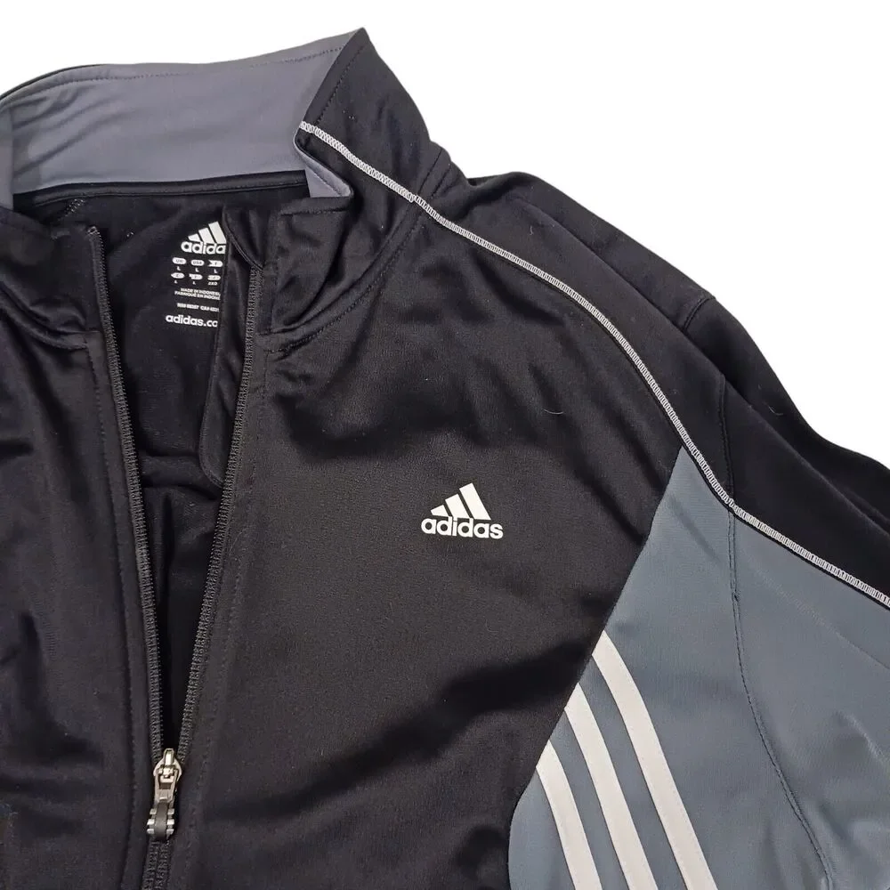 Y2K Adidas Track Jacket Men's Sz L Black GRAY WHITE STRIPES Zipper Retro Vintage